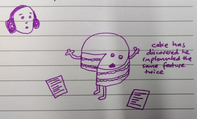 A cake is standing facing towards a piece of paper. Behind him another piece of paper looks similar. Cake looks aghast at the piece of paper behind him. Another disembodied face with earmuffs looks on.