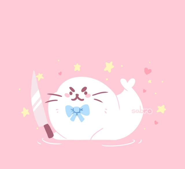 The same seal but has their brows frowned and is holding a knife.