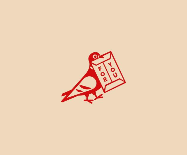 Rubber stamp design featuring a pigeon holding an envelope that reads “for you” in his beak