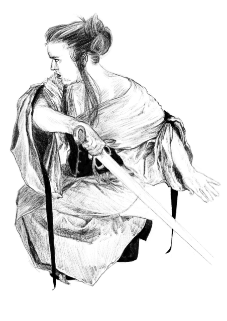 Une femme agenouillée tient une épée à son côté dans la main droite. Elle porte un vêtement assez lâche un peu japonisant.