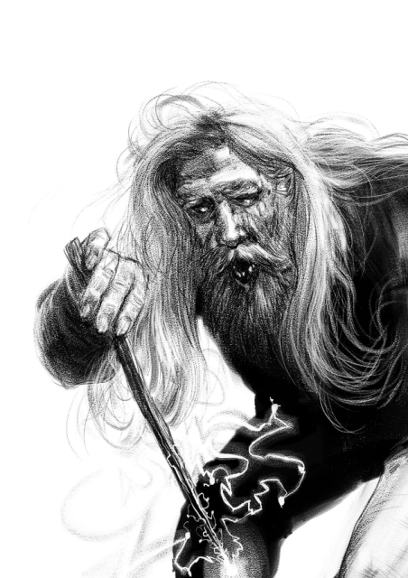 Un sorcier aux yeux brillants, cheveux longs et barbe fournie, recourbé vers l'avant, tient une baguette magique dont des espèces d'éclairs s'échappent.