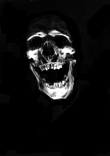 Un crâne humain dans le noir, avec un éclairage dramatique venant du bas, donne l'impression de bien rigoler.