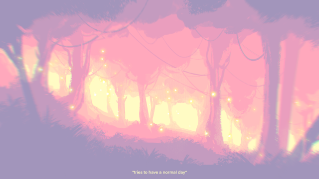 A digital painting of a view from the inside of a pink and purple forest. The text below reads * tries to have a normal day *.
There are sparkling stars everywhere