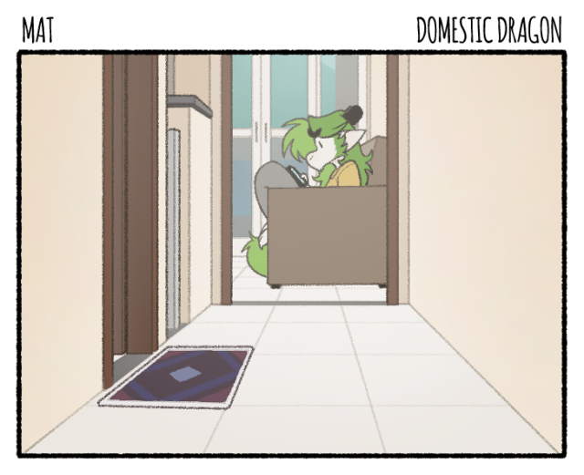 The comic starts showing my house corridor, in the background John is sitting on the sofa using the smartphone. In the corridor there's a dor at the left, and a mat right in front of it.