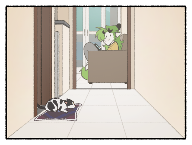 Same scene as before, now a cat (Pierre) shows over the mat. John looks at him.