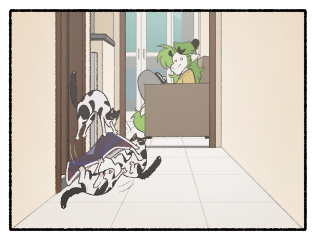 Same scene. Now Pierre attacks the mat doing a lot of movements. John still looking, now with a surprised look on his face.