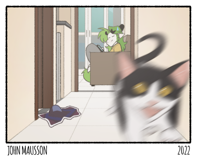 Same scene. Now the mat is a mess, and Pierre is blurred running fast to the right of the screen. John at the background now has a disappointed look in his face.