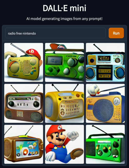 Hideous, misshapen radios and some disfigured Mario's rendered by an AI's interpretation of the phrase "Radio Free Nintendo".