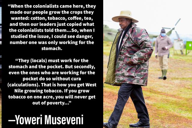 “When the colonialists came here, they made our people grow the crops they wanted: cotton, tobacco, coffee, tea, and then our leaders just copied what the colonialists told them...So, when I studied the issue, I could see danger, number one was only working for the stomach.

“They (locals) must work for the stomach and the pocket. But secondly, even the ones who are working for the pocket do so without cura (calculations). That is how you get West Nile growing tobacco. If you grow tobacco on one acre, you will never get out of poverty…”

