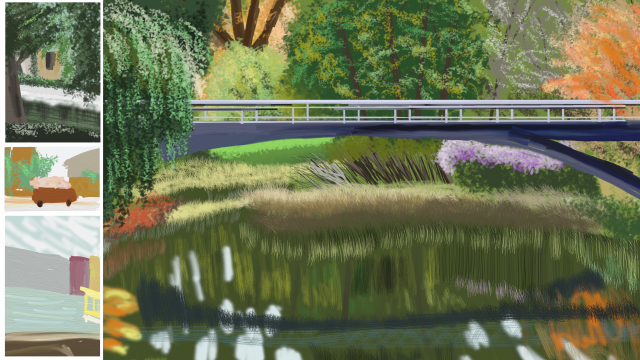 Top left: Sketchy trees and buildings
Middle left: unlikely vehicle on street before two scribbly buildings.
Bottom left: unidentifiable scribbles of gray, brown, and blue
Right: blue-gray bridge over tranquil waters, with park in background and lots of colorful foliage reflected in water.