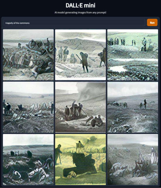 9 pics, result of DALL*E mini query 'tragedy of the commons' - all pics look like distorted black/white pics from trenches in WW2.