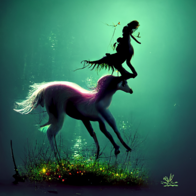 A dreamy AI-generated image of a legged mermaid balanced on the horn of a galloping unicorn.