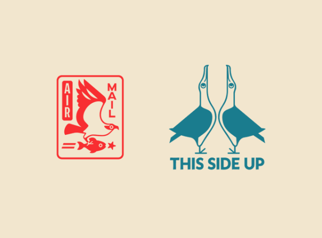 Two birdy rubber stamp designs. One is an Osprey holding a fish that reads "Air Mail"- the other two Laysan Albatrosses, beaks skyward reading "this side up"
