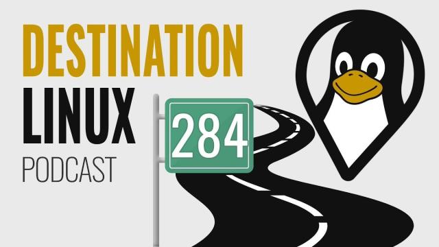 Destination Linux Podcast #284 Logo featuring Tux the Linux penguin pinned  on a road :-)