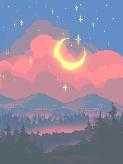 A digital mixed media art of a pixel art yello moon resting in the sky in the pink clouds in the blue sky above the moutains with a painting of the foggy forest below. There are yellow sparkles and stars above