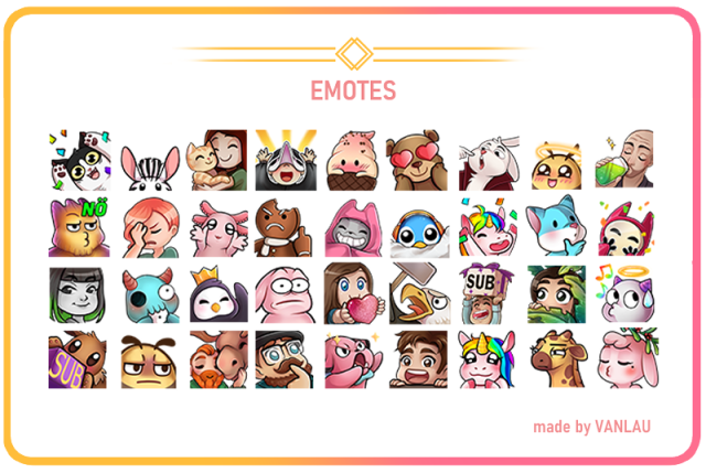 Eine Übersicht an unterschiedlichen kleinen Twitch Emotes. Niedliche Katze mit Konfetti, knuddelige Hasen, Pinguine, Füchse und Charactere erstellt von vanlau für unterschiedliche Twitch Streamer