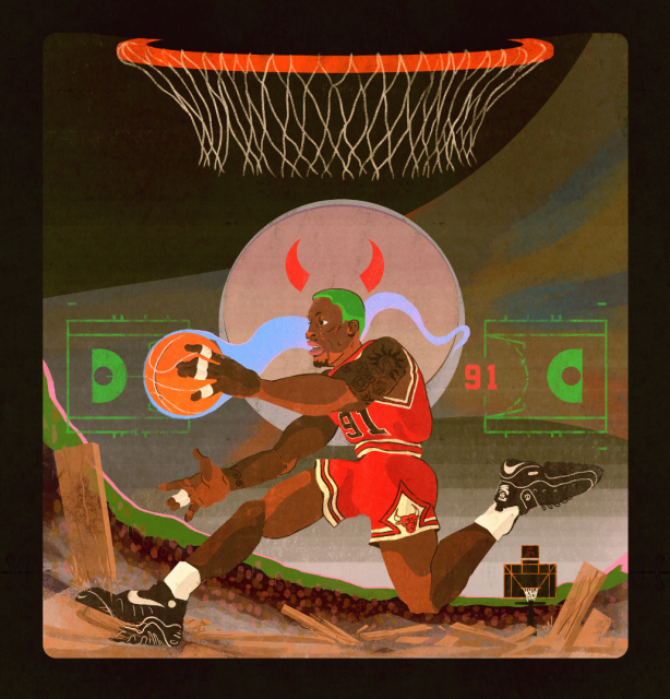 a portrait of dennis rodman, with green hair, smashing the floorboards of a basketball court, a blue trail coming from the ball in his hand. Devil horns hover above his head, as does a loomping basketball hoop. 