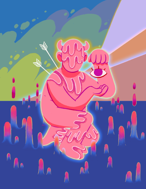 painting of a melting pink man with horns and no face, 2 white arrows piercing his back, standing on one knee in a field that is melting upwards, while presenting a floating big eye with his hands