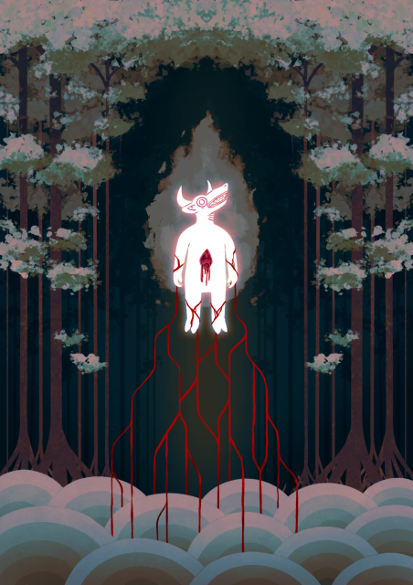 a painting of a brightly man with a bull head floating above a dark swamp with an upside hearts bleeding in front of his belly.

blood descends in a geometric pattern, mimicking tree roots, from his body to the water bellow.
