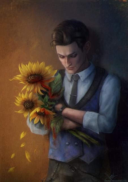 Painting of young Sherlock Holmes from the game Chapter One by Frogwares, holding a bouquet of bleeding sunflowers.