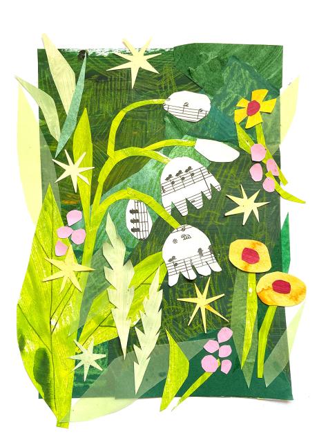 A papercut collage of some bell-shaped flowers cut out from sheet music. They're surrounded by a few simple yellow and pink flowers, stars and lots of leaves in different shades of green. The collage is playful and fun, and looks very happy!