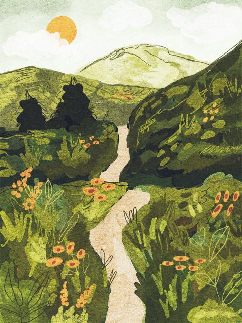 A loose landscape drawing of some green mountains and hills. Made digitally but with lots of texture. It uses different shades of green and orange, with the landscape being green and small flowers everywhere in soft shades of orange. The brush strokes are quick and expressive. Behind the mountains are some clouds and a bright orange sun. In the middle there's a narrow winding path going through the mountains and hills.