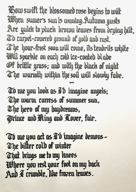 A three-verse poem in blackletter calligraphy in black ink, on white paper