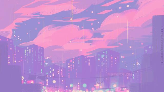 A digital art of pink clouds in the blue sky above the city full of sparkling windows and lights.
There are also sparkling lights in the sky too