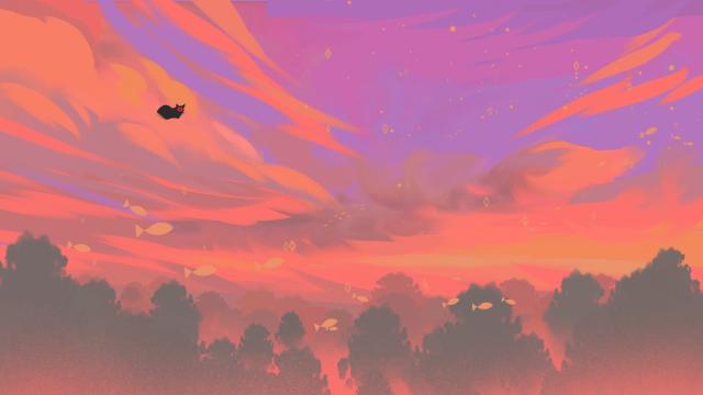 A digital art of a cat on the orange clouds in the purple sky above the forest from below.
There are glowing fishes everywhere 