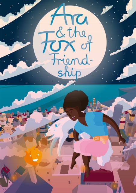 Cover of my children's book „The Fox of Frienship“ showing the main characters floating about a city at night