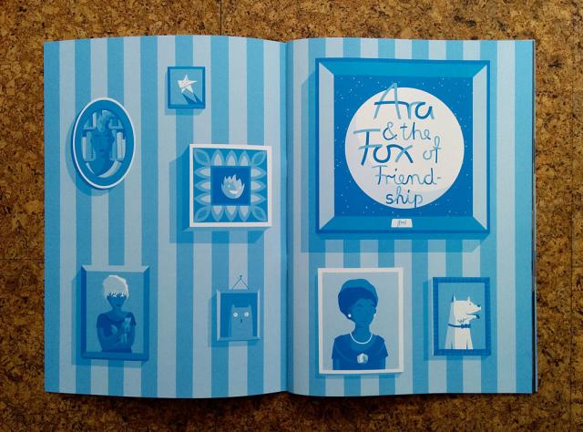 First two packes of the book in blue and white showing portraits of the characters on a wall.