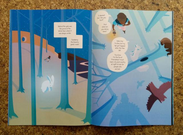 Two pages from the middle, one showing a glowing hare in a grove and the other Ara meeting the fox of friendship.