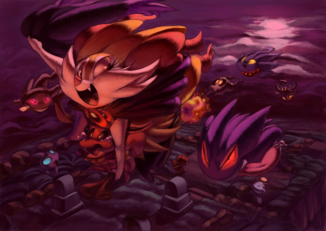 Halloween themed pokemon drawing of a determined witch mismagius dressed braixen, and a tearful, freaked out, pirate drifloon dressed eevee flying on braixen's stick while being chased by some ghost pokemon (gengar, banette, misdreavus, pumpkaboo and duskull) at night on Mt. Pyre. A shuppet, vulpix and chimecho are seen as onlookers underneath them. '17