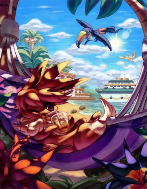 Summer themed pokemon drawing of a happy, winking, shaggy haired eevee lying on a hammock and holding a drink on a beach resort somewhere in the Alola region. There are palm trees, a beach house, a ship, tropical flowers, and other Alola pokemon. ( 3 Pyukumuku on the sand, toucannan and pom-pom oricorio in the sky, and an Alola exeggutor amongst some palm trees. 19/'21