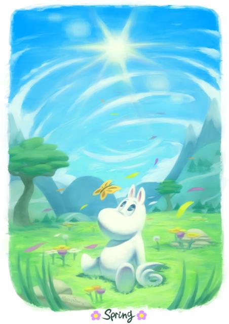 Spring themed piece with Moomintroll sitting on a field at daytime watching a butterfly. The field has flowers and big rocks, with petals blowing in the breeze. The background is somewhat Nordic  with (childish looking lol) hills, mountains and alpine trees. '21