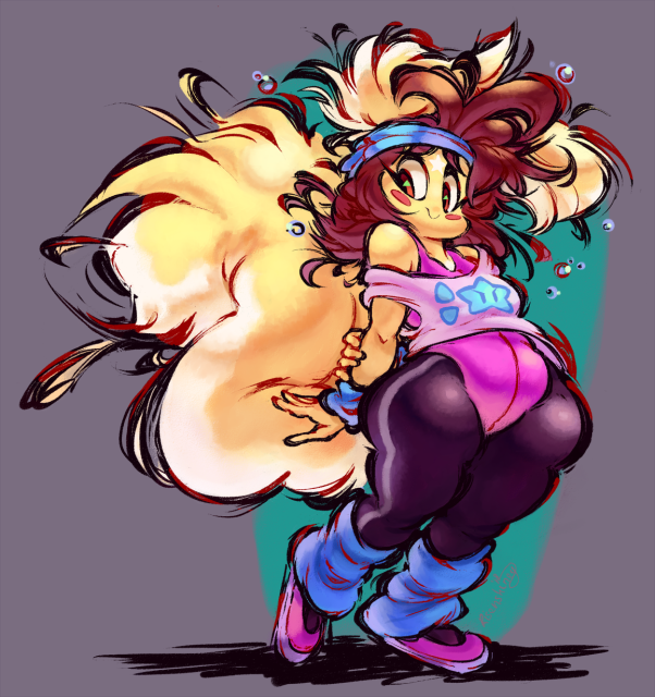 Drawing of an anthropomorphic female squirrel wearing an 80's style aerobics outfit. She's standing with a nervous smile as sweat drops spout out from her.