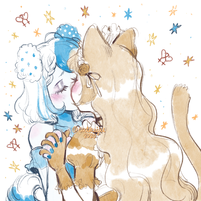 Digital sketch of a cat girl and dog girl holding hands and kissing