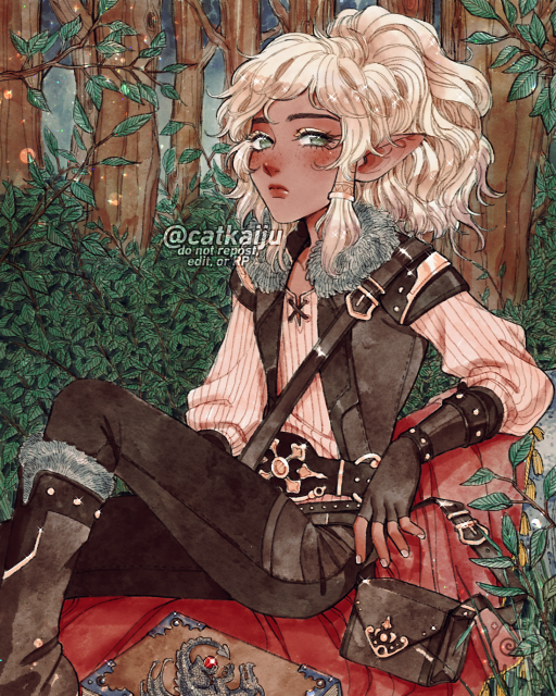 Digital artwork of a man sitting on a red blanket in a forest. He's leaning against a rock, looking mindfully at the audience.