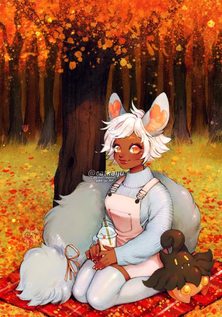 Artwork of a woman sitting on a picnic blanket, surrounded by fall leaves. She’s holding a drink in her lap and smiling at the audience.