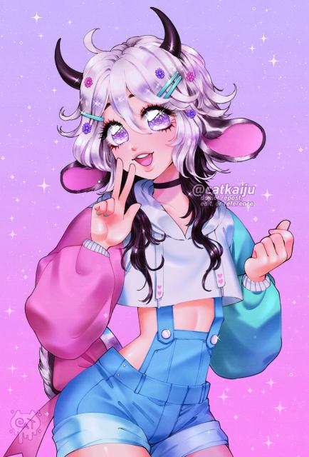 Digital art of a boy with cow horns and ears. He’s smiling happily and making a peace sign.