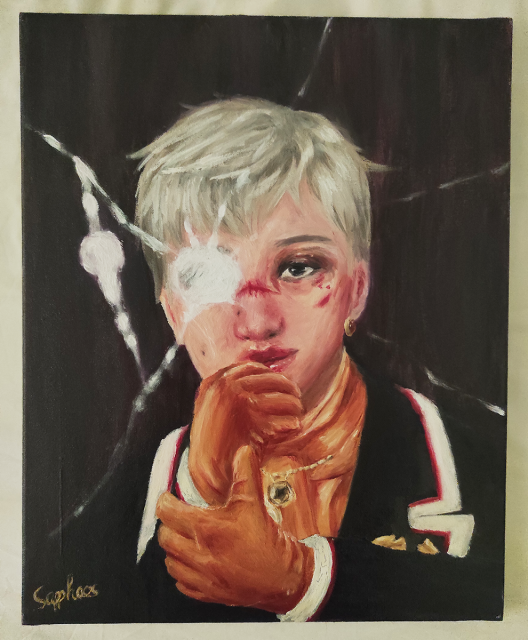 fanart of taemin from shinee with a glass crack over his right eye (left side of the painting)
