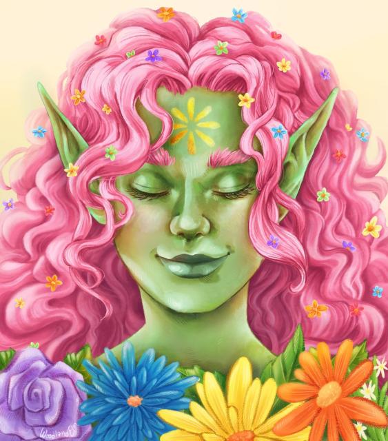 A digital closeup portrait of a long-eared female elf with green skin and bright pink hair. Her eyes are closed and she's wearing a peaceful half-smile. There is a golden flower painted on her forehead, and her hair is dotted with small flowers in the colours of the rainbow. The bottom of the picture is framed by large colourful flowers and foliage. The portrait is painted in soft pastel tones and chalk-like textures.