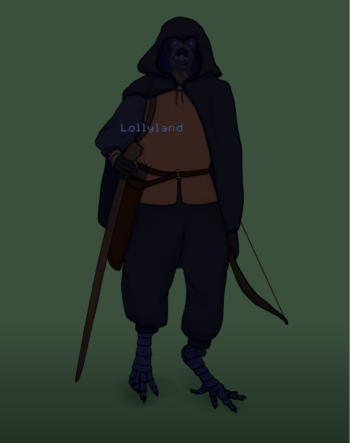 ENG: drawing of one of my dungeons and dragons characters, he's part kenku part human and looks like a bit weird kenku. Kenku are corvid humanoids. he looks like a small human with bird feet, he's wearing a leather armour and a dark cloak. he has a bow and quiver, and he's holding a walking stick I forgot the English word. everything in the drawing is in dark, blueish and brownish tones, except the background that's green. ESP dibujo de uno de mis personajes de rol. es parte kenku parte humano y parece un kenku algo raro. un kenku es como un humanoide córvido, se le ven patas de pájaro y es algo bajito. lleva armadura de piel y una capa oscura, y tiene sujetos un arco en una mano y un bastón en la otra. todo el dibujo es en tonos oscuros, azulados y marrones, salvo el fondo que es verdoso.