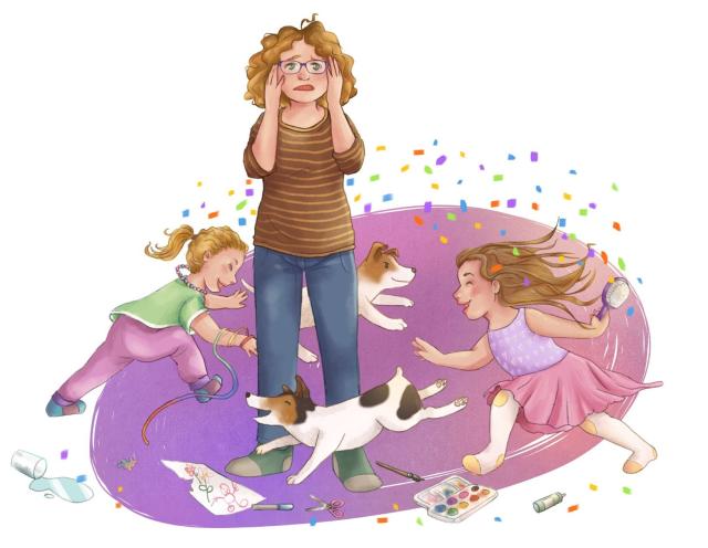 a softly coloured digital illustration of a mother, white skinned with curly brown hair, holding her head with a slightly distressed expression as her two young daughters and two terrier dogs are running circles around her. The children are laughing. The older one is holding a hairbrush while the younger has a rainbow coloured ribbon wound around her arm and fluttering behind her. The scene is framed by a purple-pink gradient background and a scattering of rainbow confetti and various items (a set of watercolour paints, a knocked over water glass, a puzzle piece, scissors, pens).