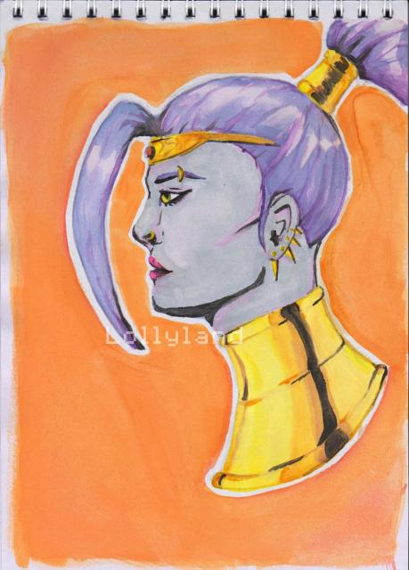 ENG fanart of Meagera from the Hades videogame. it's watercolor. it's a profile portrait. she has greyish skin and her purple hair in a tall ponytail. she has some gold accesoires, including a few piercings. the background's orange. ESP fanart de Meagera del videojuego Hades. es un retrato de perfil en acuarelas. tiene la piel gris, y el pelo violeta recogido en una coleta alta. lleva un montón de accesorios dorados, incluyendo un montón de piercings y pendientes. el fondo es naranja.