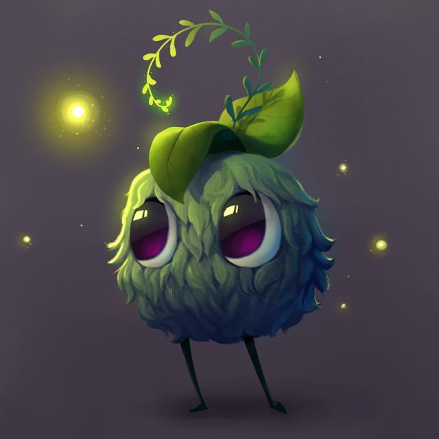 A cute little plant creature that has a round moss body and big purple eyes. It has leaves growing out of it's head and is surrounded by glowing motes of light.