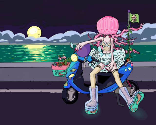 jellyfish person sitting on a moped