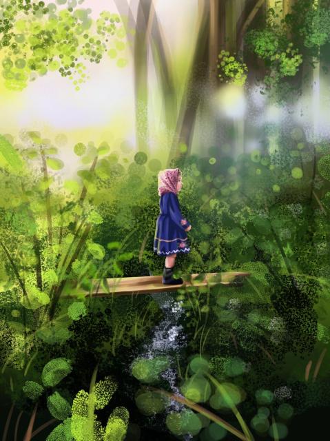 A digital landscape illustration of a small girl, dressed in a blue dress, black boots and a pink floral hood. She is standing on a plank over a small creek that is overgrown with greenery. There are trees in the background. The girl is gazing timidly ahead of her and the scene is quite moody, with the plant life painted in fuzzy, undefined strokes while the child's appearance is sharply contrasted.