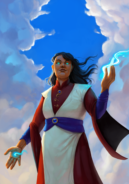 A woman with black, windswept hair is wearing red and white robes. She is casting blue magic from her hands, one hand is raised, one is lowered. Her eyes glow the same blue as her magic. She is standing in front of a blue sky with clouds.