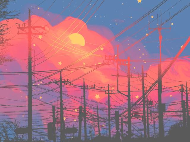 A digital painting of a yellow sun in the orange clouds across the blue sky with electric utility poles in the foreground